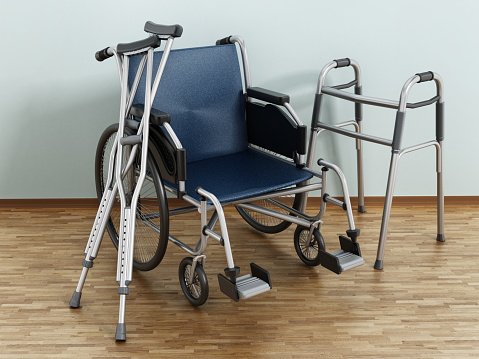 Wheelchair, crutches and walker standing on parquet floor.